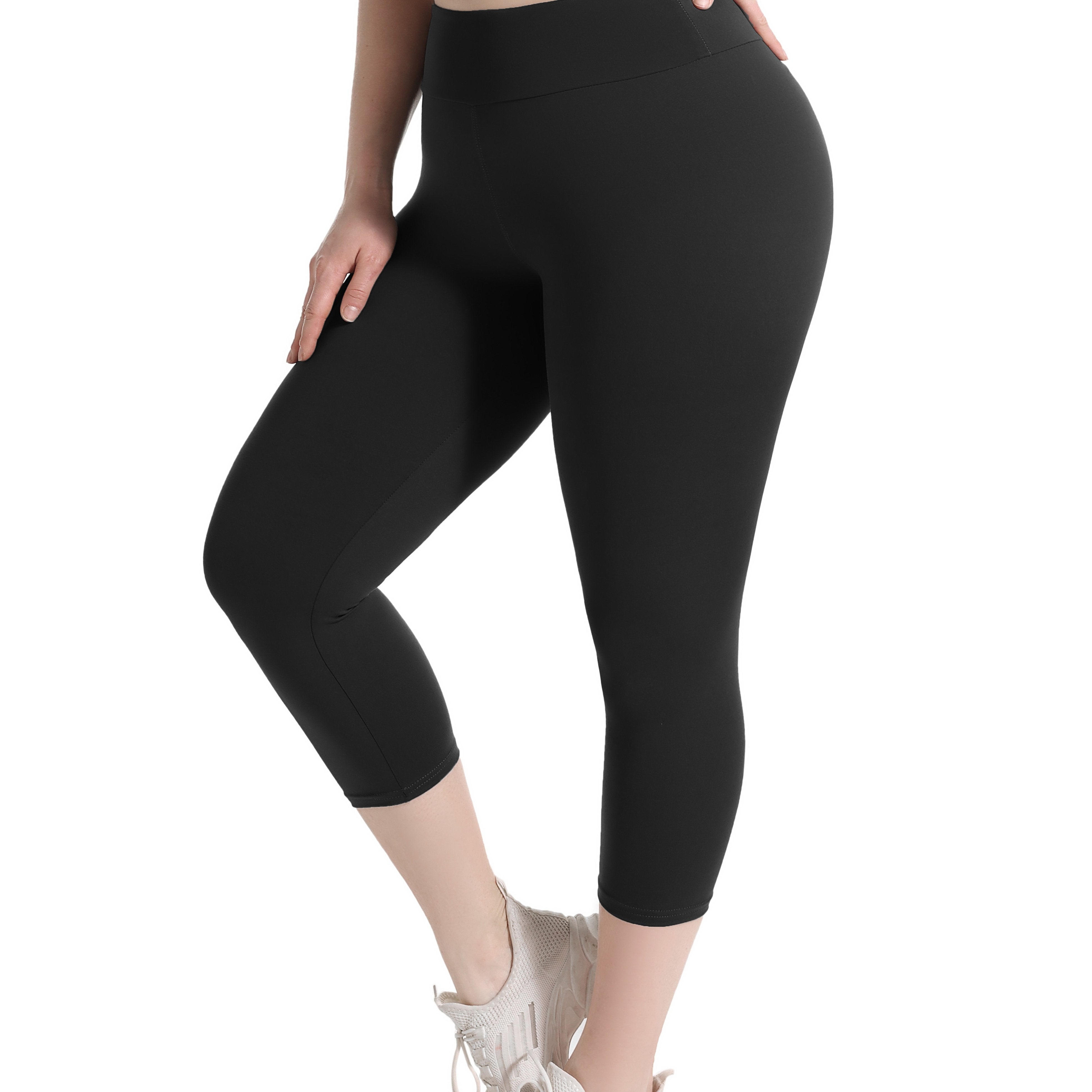 Women'S Plus Size Capri Leggings, High Waist Tummy Control, 4X Stretch, Pocket Detail, Solid Black, Knit Fabric, Polyester 92%, Spandex 8%, 210g/m², All Season Skinny Yoga Pants -