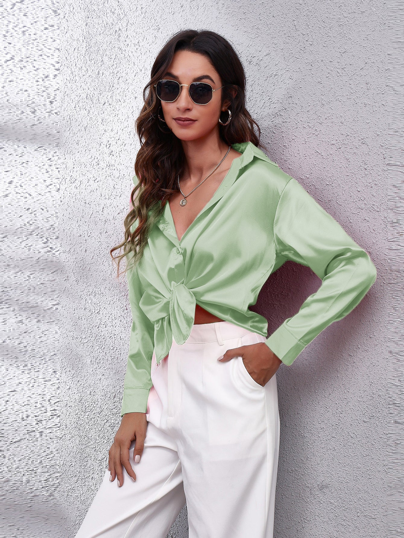 Elegant Satin-Finish Long Sleeve Blouse for Women - Chic Solid Color, Non-Stretch Fabric, Perfect for Spring/Fall, Ideal for Formal Occasions, Ladies Blouses -