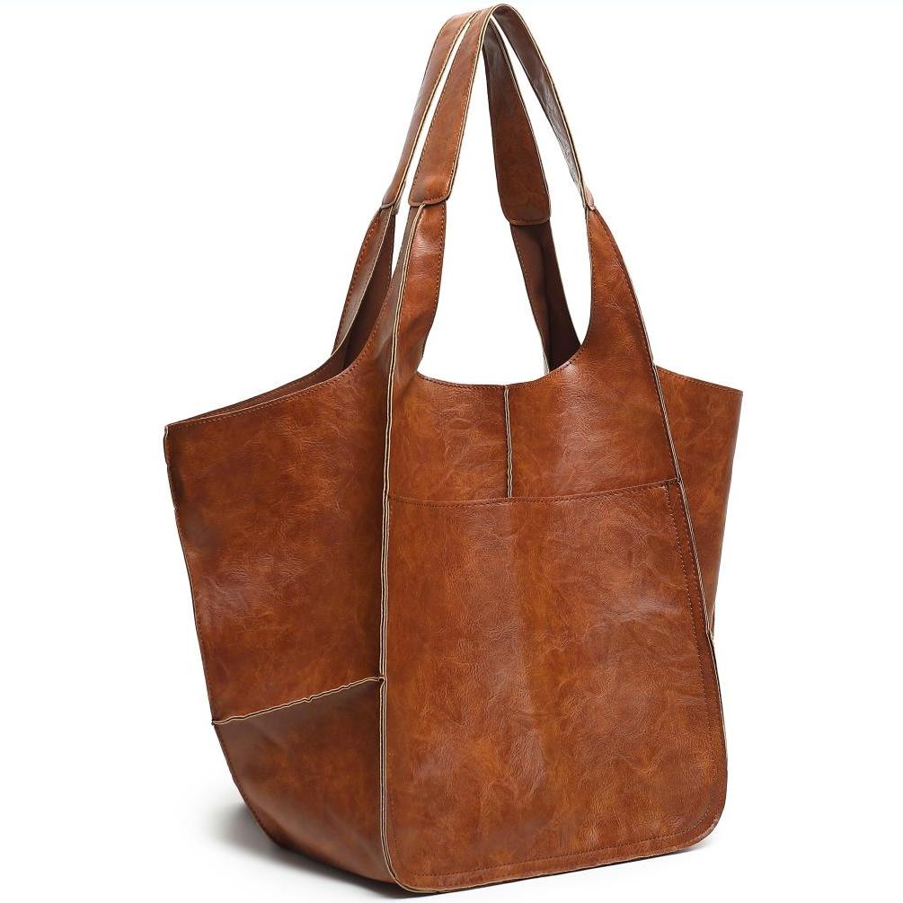 Large Capacity Retro PU Tote Bag For Women - Spacious & Stylish Handbag With Handy Front Pocket For Work, Travel & Everyday Chic -
