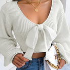 Sexy Bowknot V Neck Crop Sweater, Casual Lantern Long Sleeve Loose Fall Winter Knit Sweater, Women's Clothing -