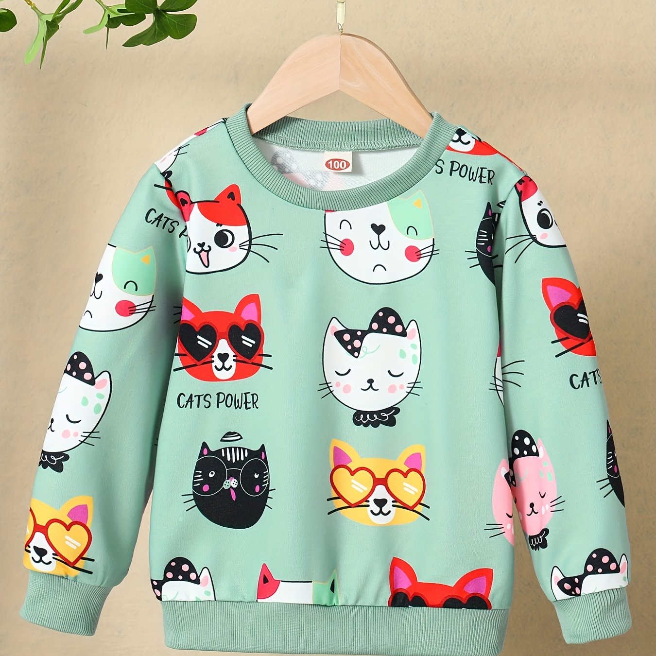 HWMFSNHFZ Girls' Lightweight Long Sleeve Cartoon Cat Print Sweatshirt - Soft Pink Crew Neck Casual Pullover for Spring & Fall, All-Season Comfort, Cute Sweaters -