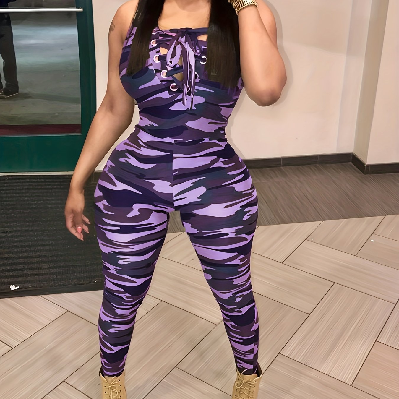 Sleeveless Leopard Print Sexy Jumpsuit, Skinny Camouflage Knitted Jumpsuit, Women's Clothing -