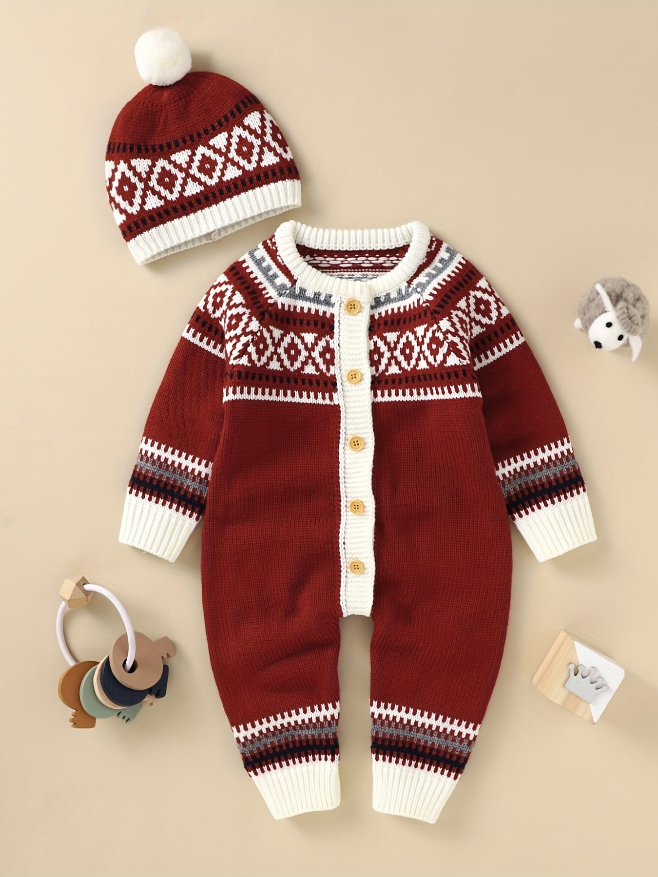 Newborn Infant Geometric Pattern Sweater Romper Long Sleeve Button Jumpsuit & Hat For Toddler Baby Boys And Girls, Suitable For Indoor And Outdoor Wear -