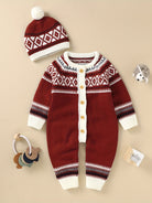 Newborn Infant Geometric Pattern Sweater Romper Long Sleeve Button Jumpsuit & Hat For Toddler Baby Boys And Girls, Suitable For Indoor And Outdoor Wear -