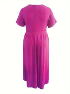 Plus Size Solid Short Sleeve Maxi Dress, Women's Plus Medium Stretch Elegant Long Dress -