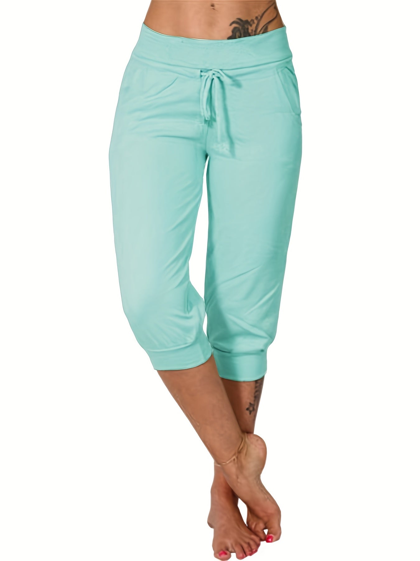 Women'S High-Waist Drawstring Side Pants - Stretchy Polyester Blend, Solid Color Black, Comfortable Casual Style for All Seasons, Everyday Comfort Wear | Highwaist Trousers | Tailored Fit -