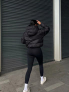 Women's Stylish Black Hooded Puffer Jacket - Casual Short Warm Outerwear with Drawstring Design, Long Sleeves, and Button-Up Front for Winter Comfort, Winter Jacket -