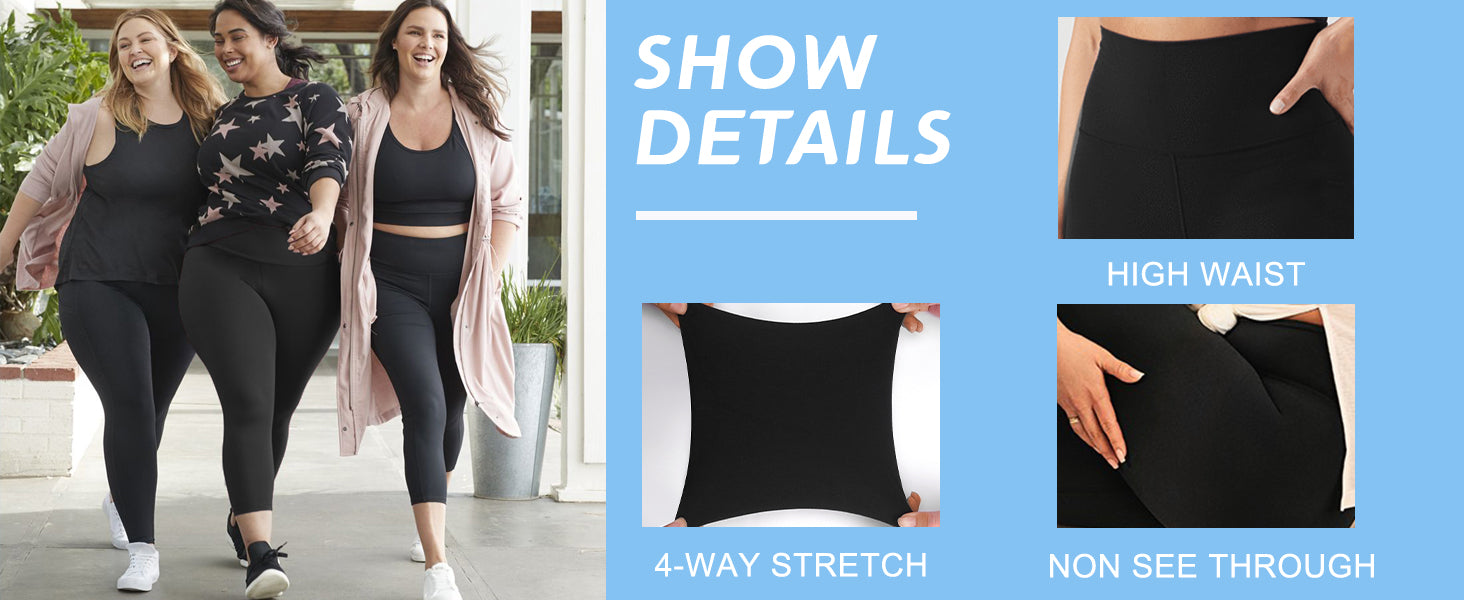 Women'S Plus Size Capri Leggings, High Waist Tummy Control, 4X Stretch, Pocket Detail, Solid Black, Knit Fabric, Polyester 92%, Spandex 8%, 210g/m², All Season Skinny Yoga Pants -