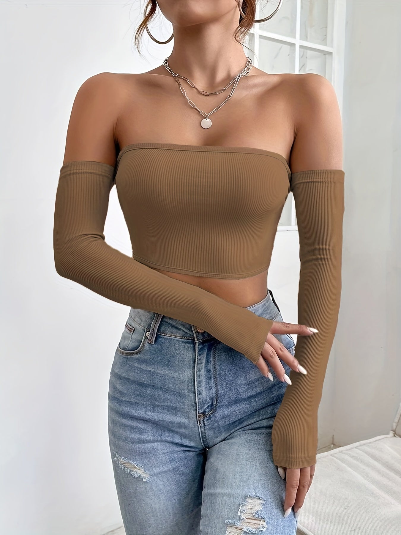 Women's Off-Shoulder Short Crop Top - Slim-Fit Sleeve Stretchy Shirt, Solid Black All-Season Versatile Top for Casual & Formal Outfits, Machine Washable Elegant Women's Fashion Apparel -