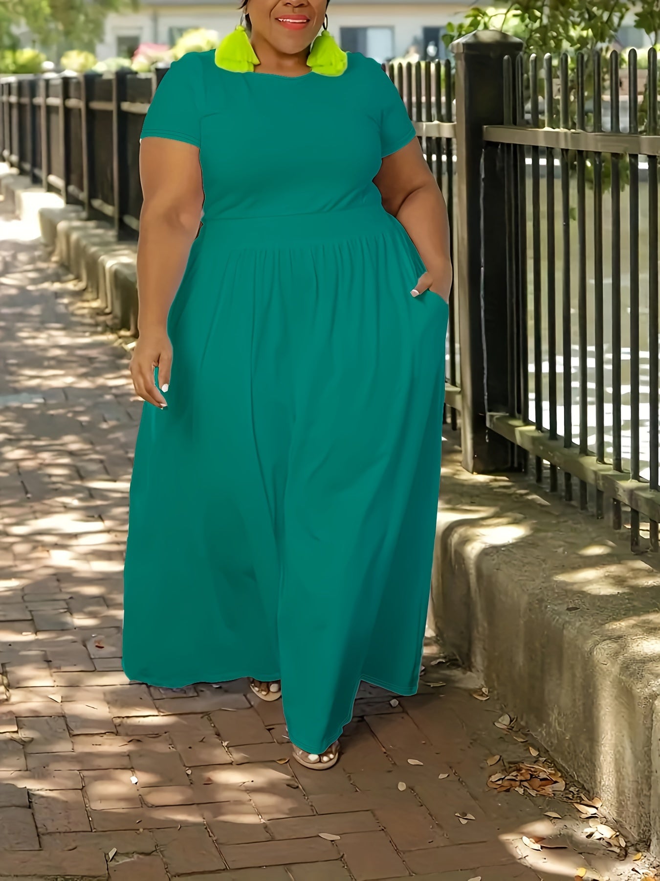 Plus Size Solid Short Sleeve Maxi Dress, Women's Plus Medium Stretch Elegant Long Dress -