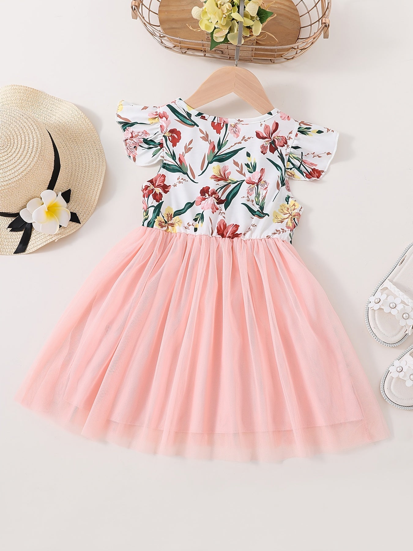 Girls' Floral dress - Floral print party & Everyday summer dress, Pastel pink Floral skirts, Machine Washable Girls' Clothing for Birthdays, Garden Parties, Family Outings - HWMFSNHFZ, Round Neckline Top, Nontransparent Fabri -