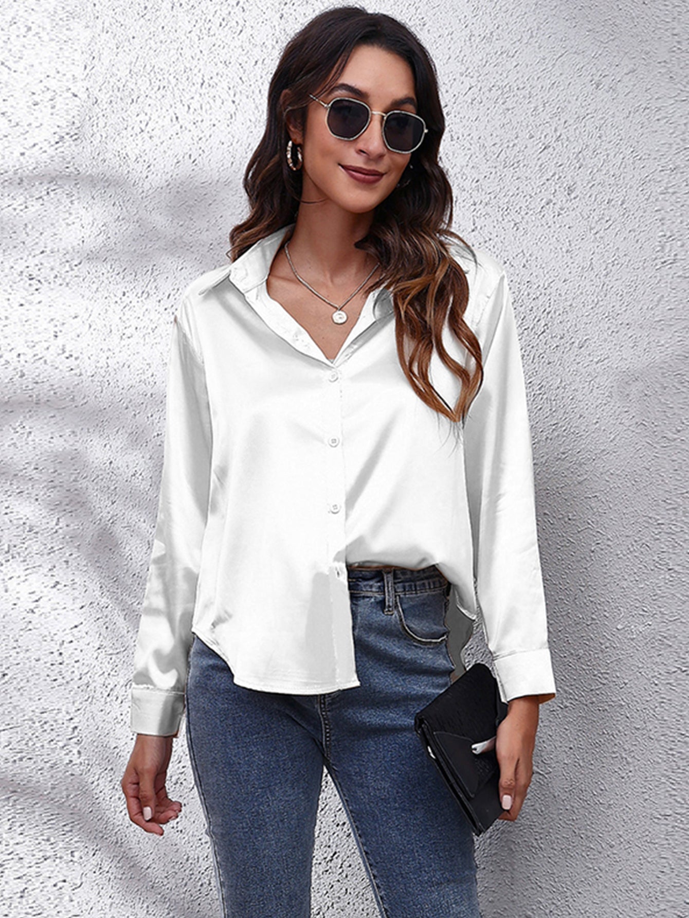 Elegant Satin-Finish Long Sleeve Blouse for Women - Chic Solid Color, Non-Stretch Fabric, Perfect for Spring/Fall, Ideal for Formal Occasions, Ladies Blouses -
