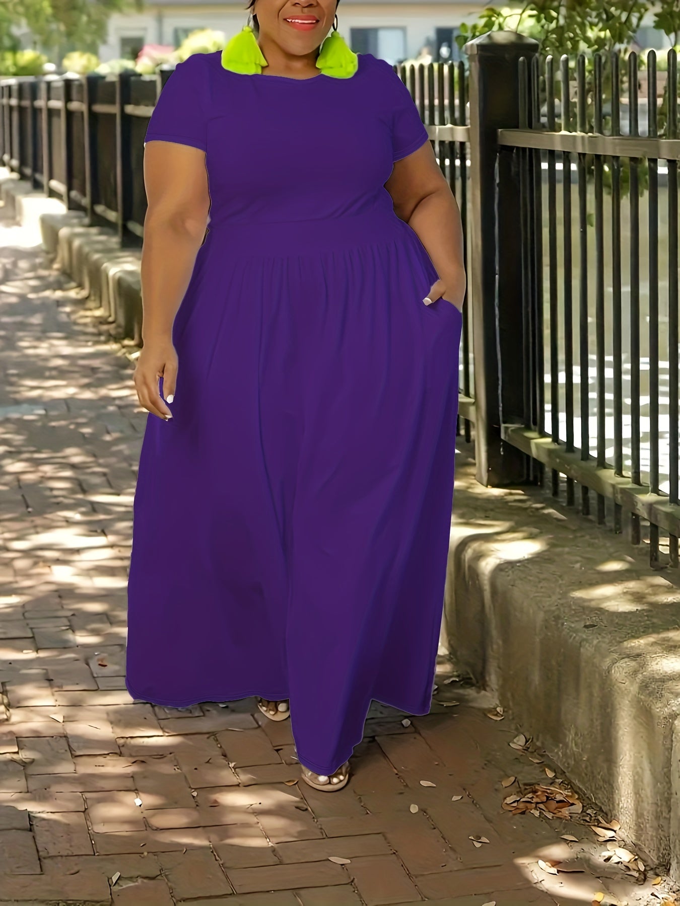 Plus Size Solid Short Sleeve Maxi Dress, Women's Plus Medium Stretch Elegant Long Dress -