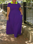 Plus Size Solid Short Sleeve Maxi Dress, Women's Plus Medium Stretch Elegant Long Dress -