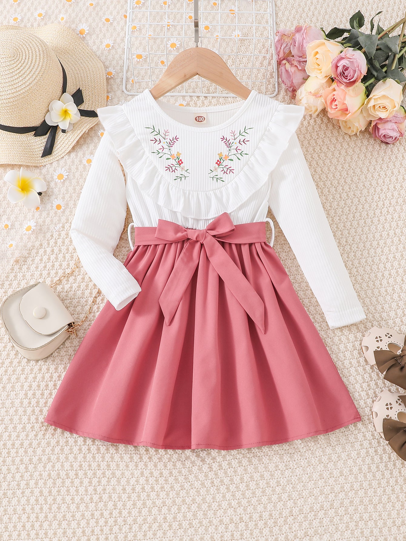 Girls' Floral Print Long Sleeve Dress with Belt - Knee-Length Round Neck Casual Outfit, Pink & White V-Neck Design for Spring & Fall, Dresses for Girls, Seasonal Fashion, Vneck Dress, Nontransparent Fabric -