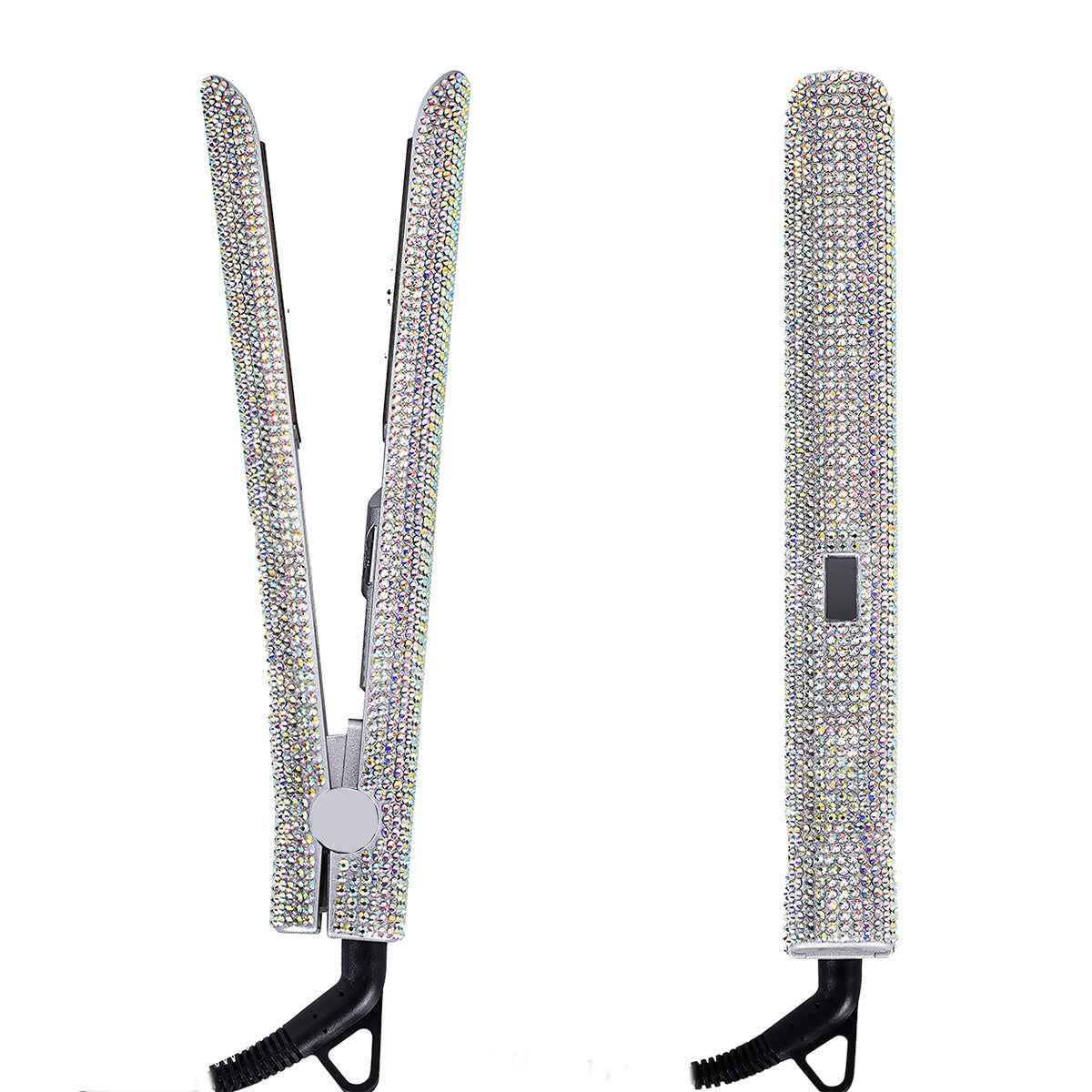 Style like a pro with this 2-in-1 professional hair straightener and curler, encrusted for that extra glam! -
