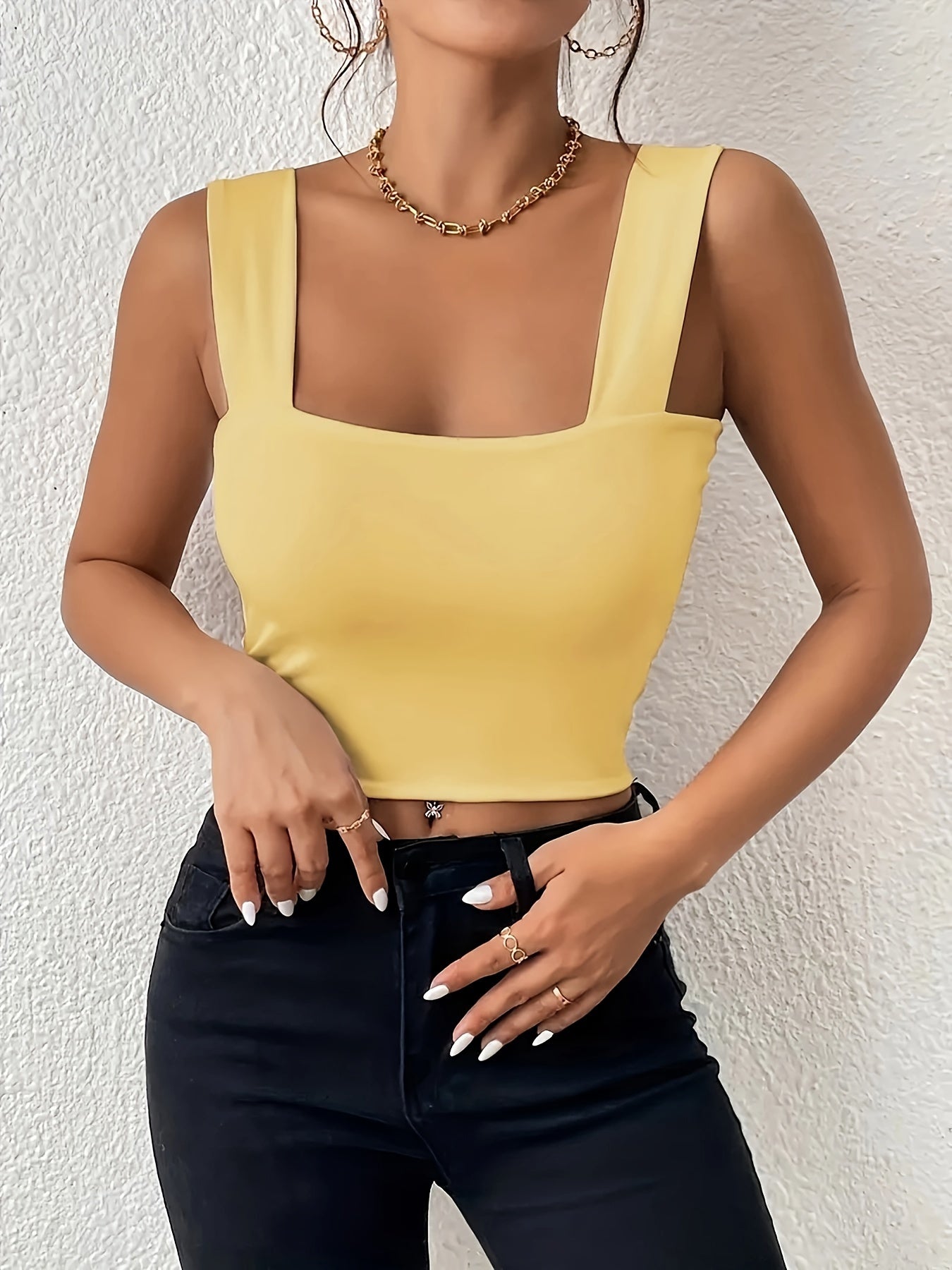 Stretchy Women's Crop Tank Top - Casual Everyday Essential - Soft, Breathable, Sleeveless, Solid Color, Comfortable, Relaxed Fit, Women's Clothing -