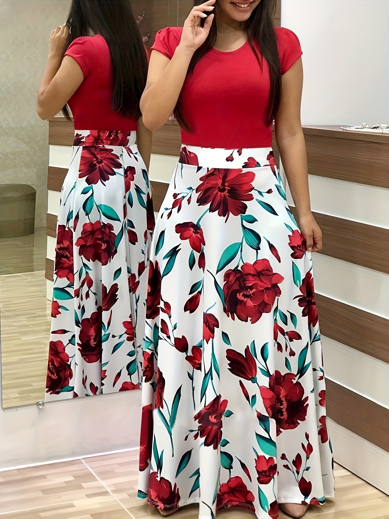 Make a statement with this women's plus-size floral print red colorblock midi dress! -