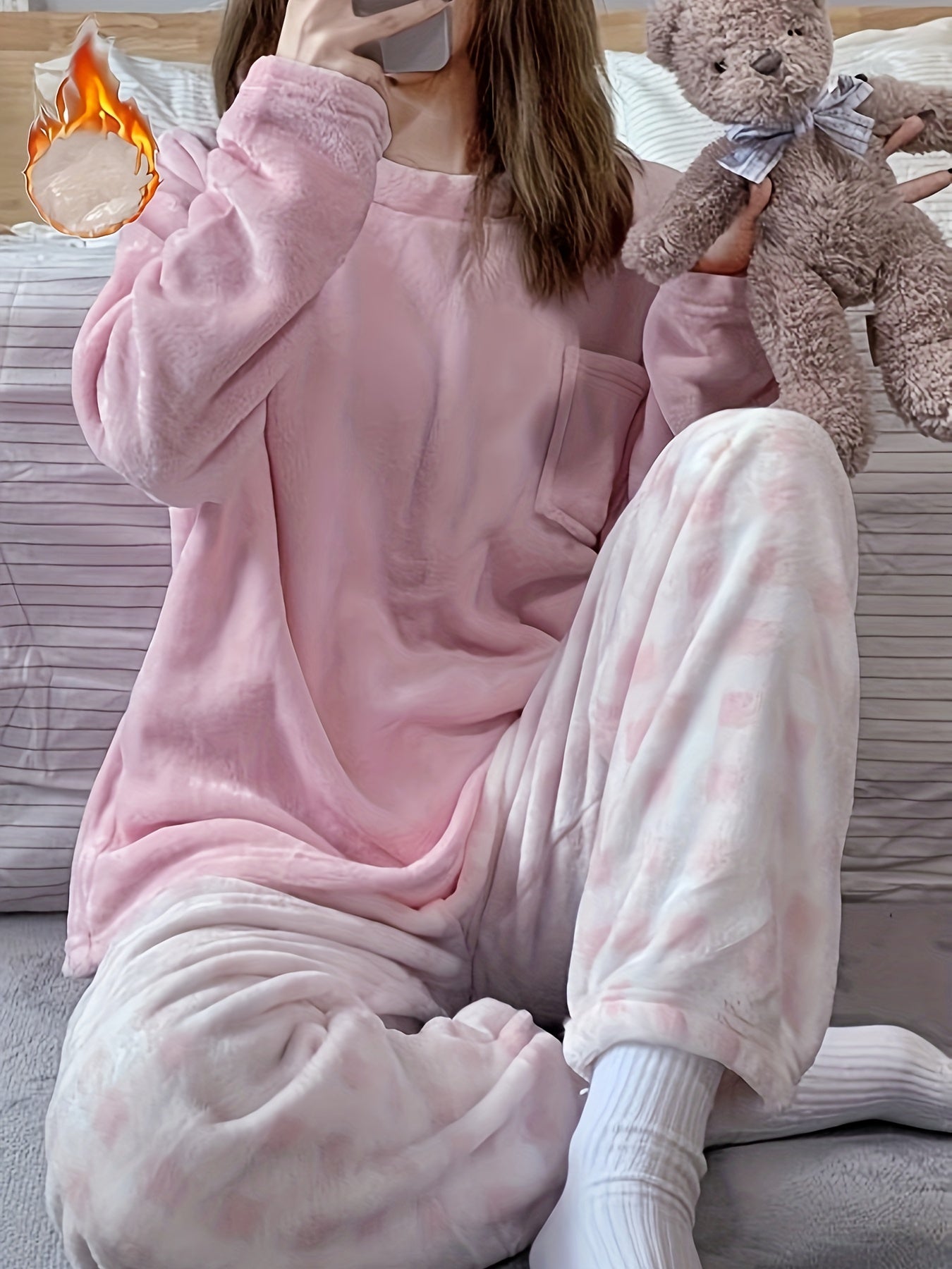 Winter Warm Velvet Pajama Set, Plaid Pattern Pajama, Solid Color Casual Home Wear Set -