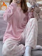 Winter Warm Velvet Pajama Set, Plaid Pattern Pajama, Solid Color Casual Home Wear Set -