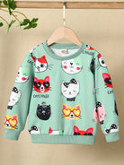 HWMFSNHFZ Girls' Lightweight Long Sleeve Cartoon Cat Print Sweatshirt - Soft Pink Crew Neck Casual Pullover for Spring & Fall, All-Season Comfort, Cute Sweaters -