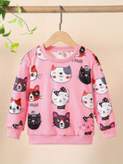 HWMFSNHFZ Girls' Lightweight Long Sleeve Cartoon Cat Print Sweatshirt - Soft Pink Crew Neck Casual Pullover for Spring & Fall, All-Season Comfort, Cute Sweaters -
