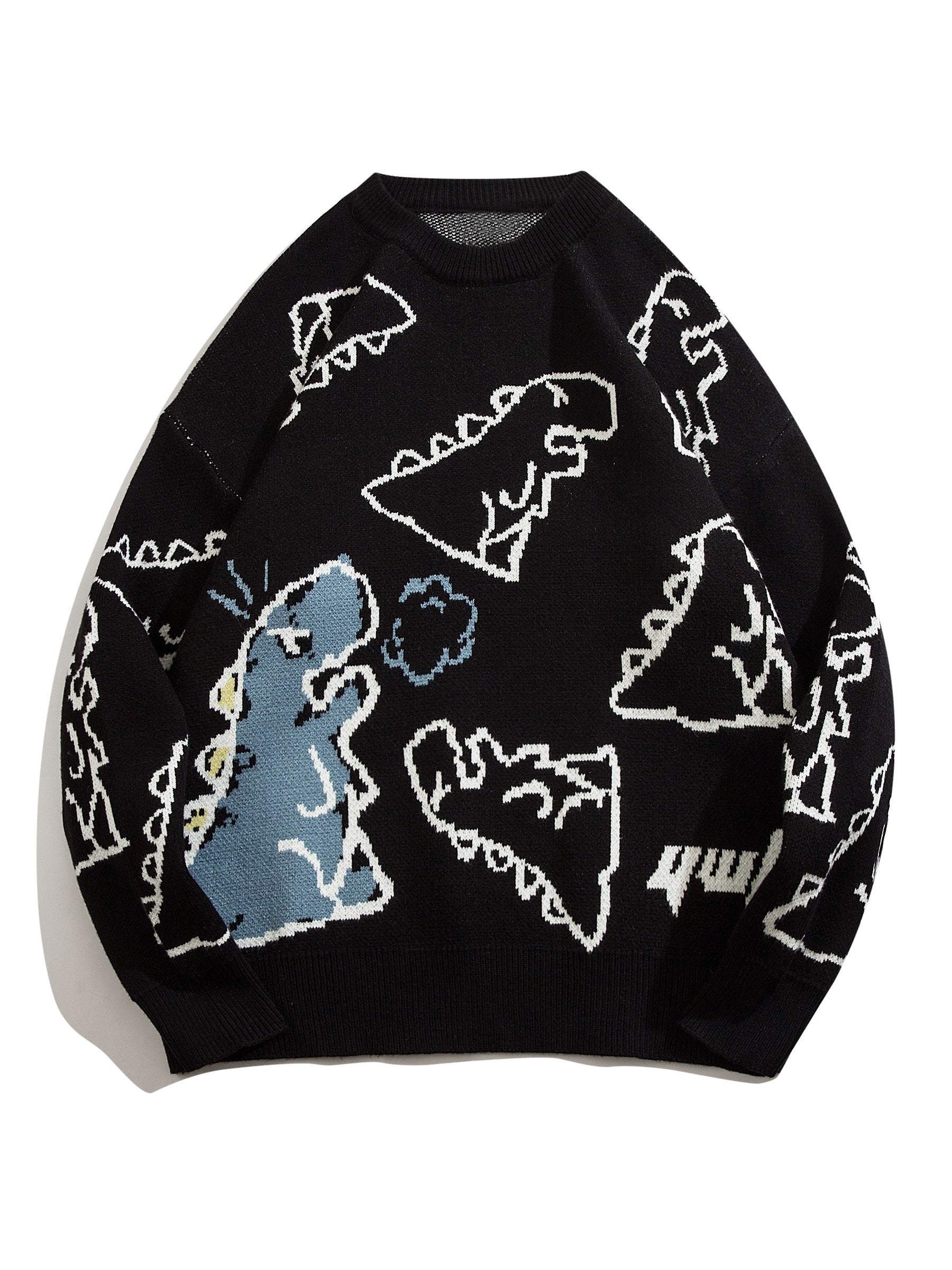 YWFG Unisex Casual Loose Fit Sweater - Black with Blue Dinosaur & Cloud Design, Long Sleeve Round Neck Pullover for Men & Women, Cozy Fall/Winter Knitwear, Dinosaur Clothes, Fall Winter Apparel, Playful Graphic Design, Comfor -
