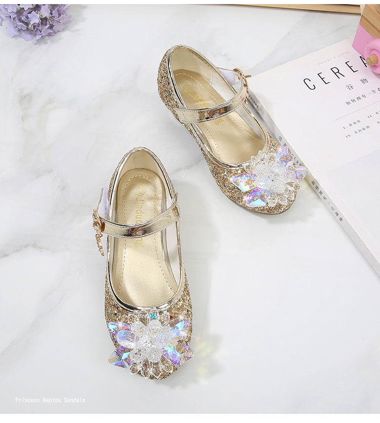 Girls' Elsa Princess High Heel Pumps - Sparkling Glitter Block Heel Shoes with Floral Embellishments, Lightweight Faux Cover for Spring & Fall, Weddings, Parties, Casual Wear, Shoes for Girls, Wedding Guest Shoes, Elegant Sho -