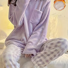 Winter Warm Velvet Pajama Set, Plaid Pattern Pajama, Solid Color Casual Home Wear Set -