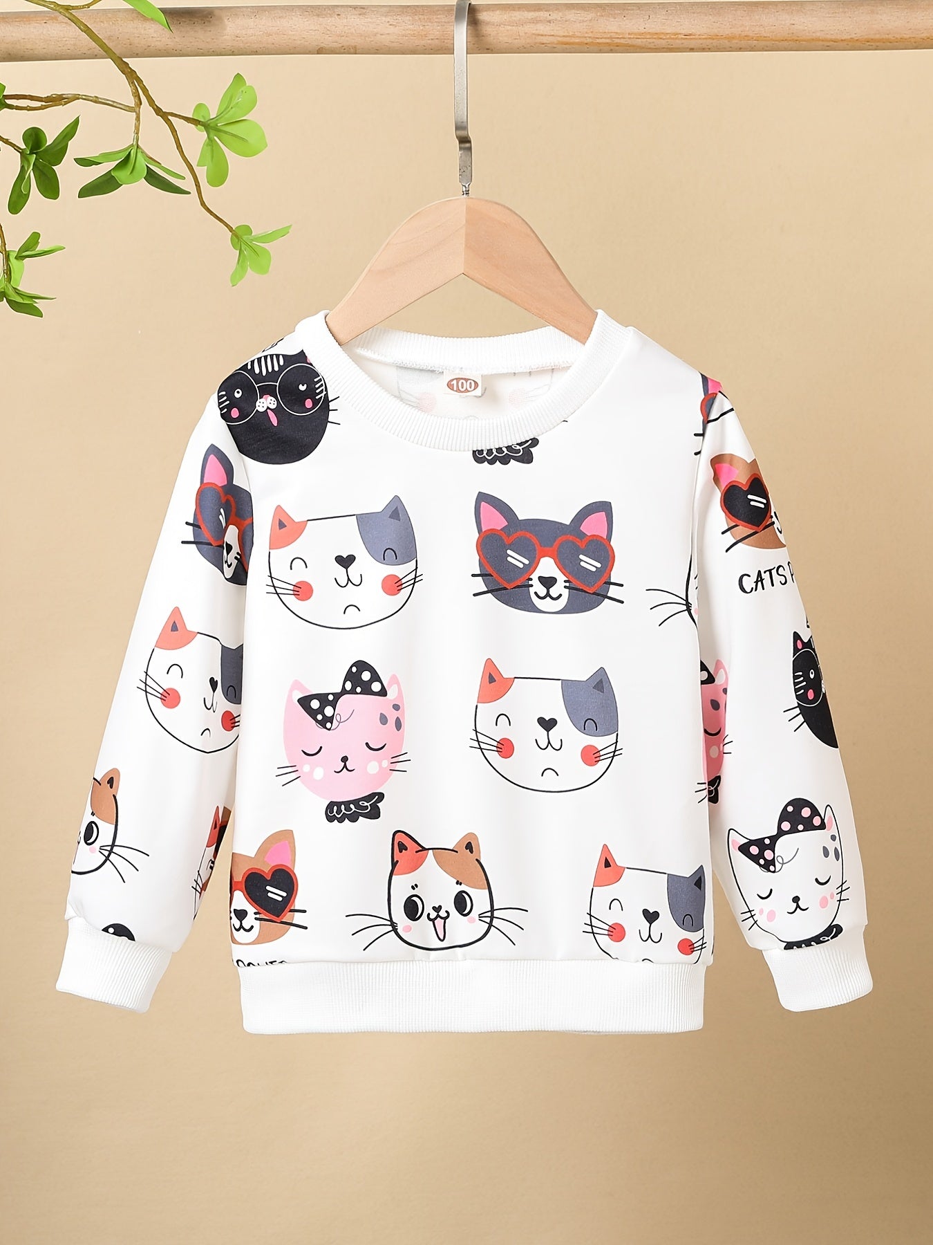 HWMFSNHFZ Girls' Lightweight Long Sleeve Cartoon Cat Print Sweatshirt - Soft Pink Crew Neck Casual Pullover for Spring & Fall, All-Season Comfort, Cute Sweaters -
