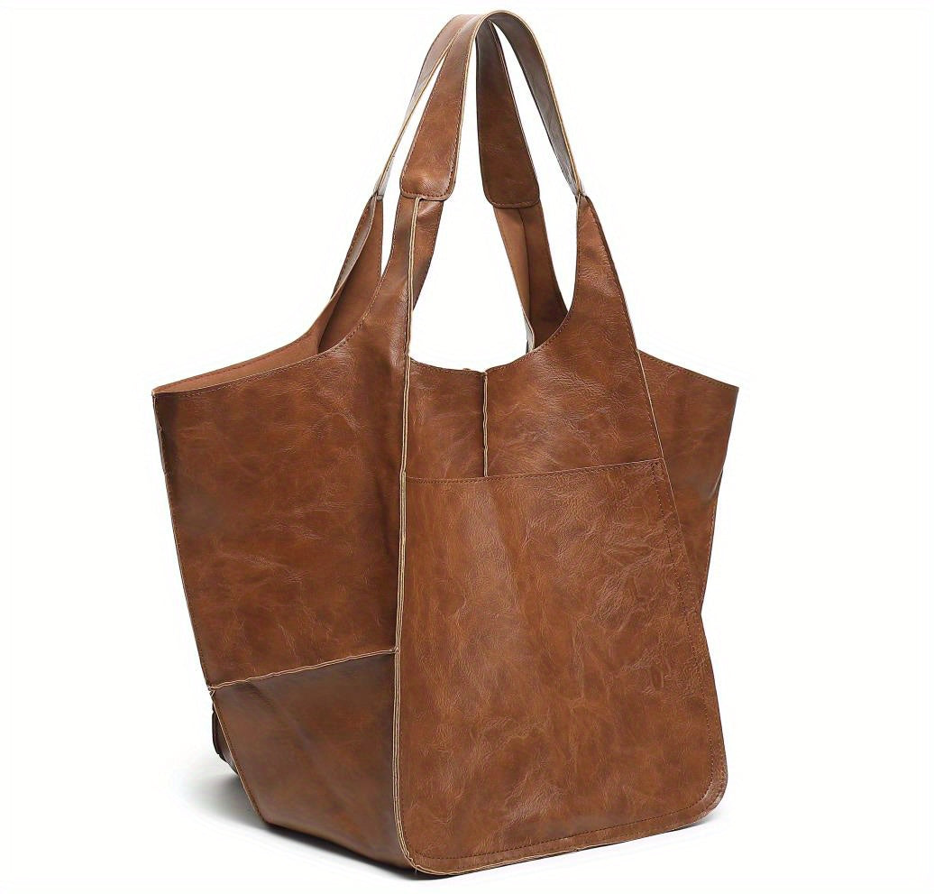 Large Capacity Retro PU Tote Bag For Women - Spacious & Stylish Handbag With Handy Front Pocket For Work, Travel & Everyday Chic -