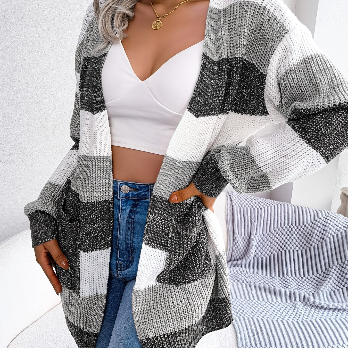 Striped Colorblock V-neck Cardigans, Casual Loose Drop Shoulder Long Sleeve Fall Winter Knit Cardigan, Women's Clothing -