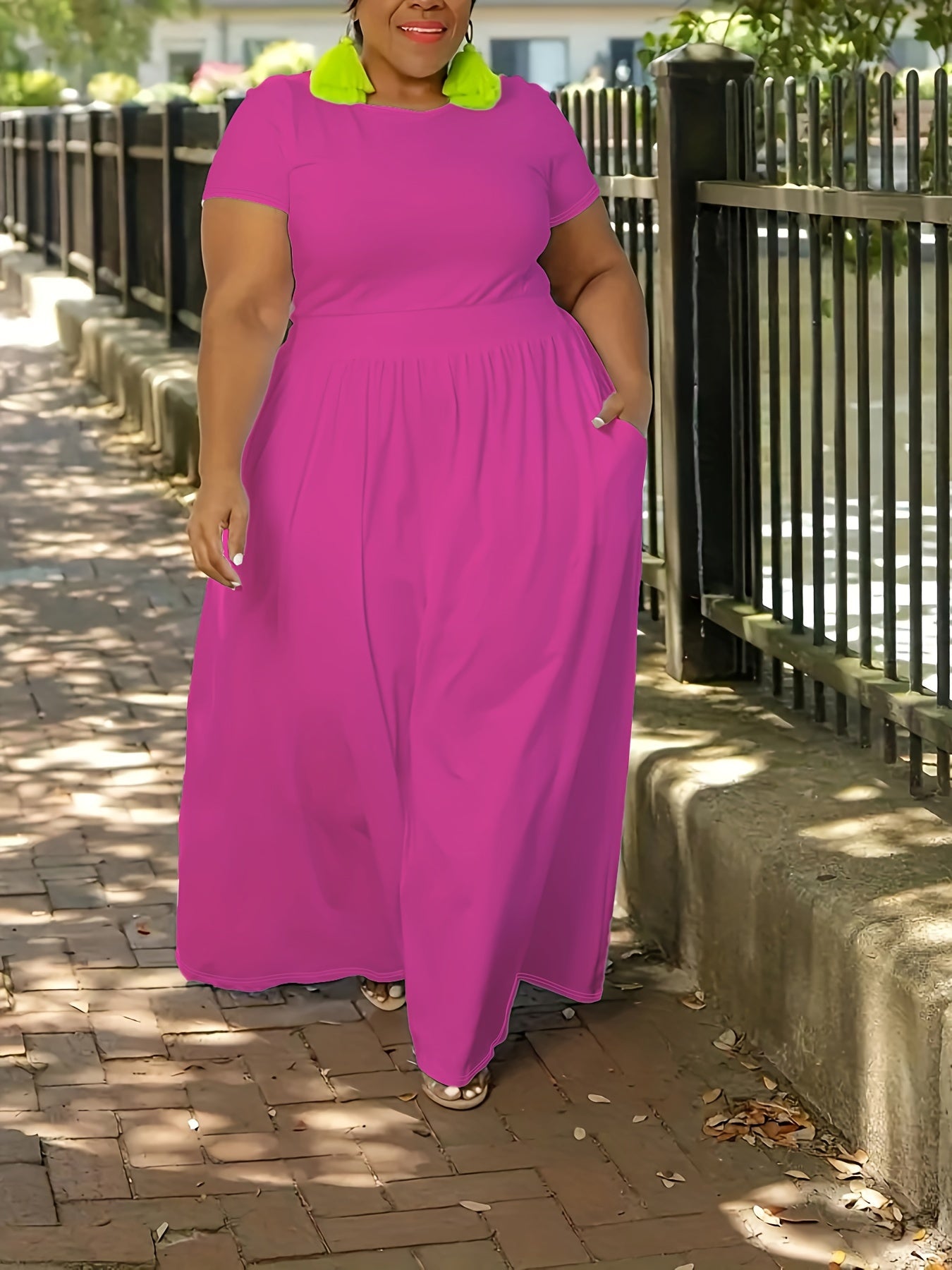 Plus Size Solid Short Sleeve Maxi Dress, Women's Plus Medium Stretch Elegant Long Dress -
