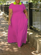 Plus Size Solid Short Sleeve Maxi Dress, Women's Plus Medium Stretch Elegant Long Dress -