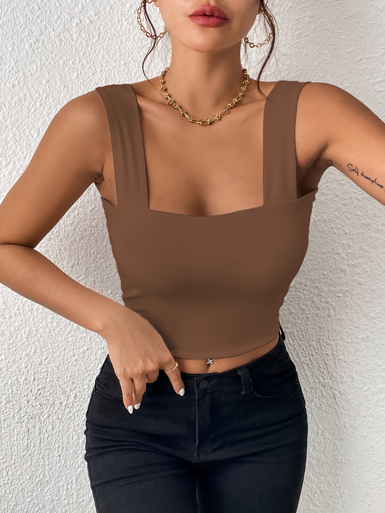 Stretchy Women's Crop Tank Top - Casual Everyday Essential - Soft, Breathable, Sleeveless, Solid Color, Comfortable, Relaxed Fit, Women's Clothing -