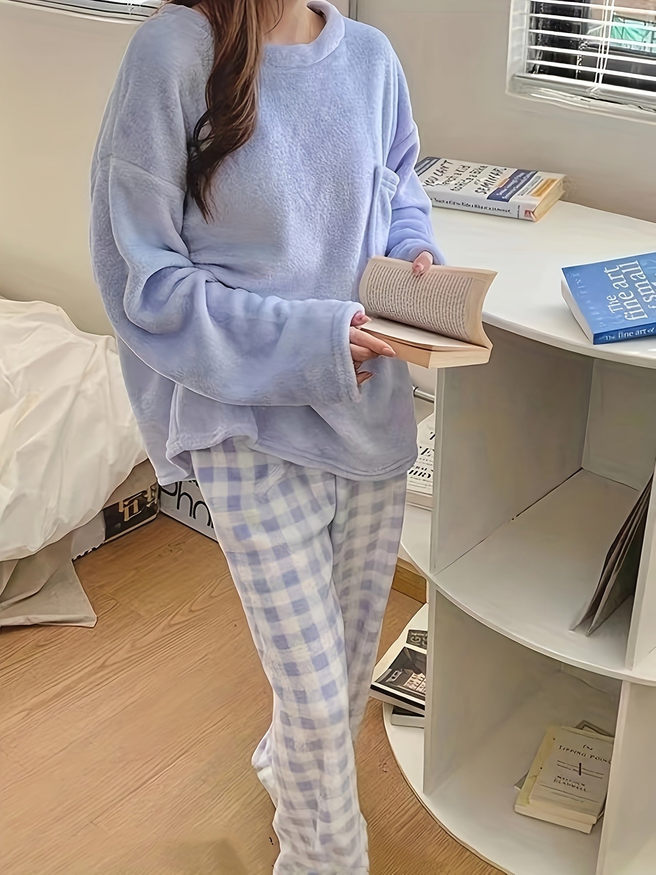 Winter Warm Velvet Pajama Set, Plaid Pattern Pajama, Solid Color Casual Home Wear Set -
