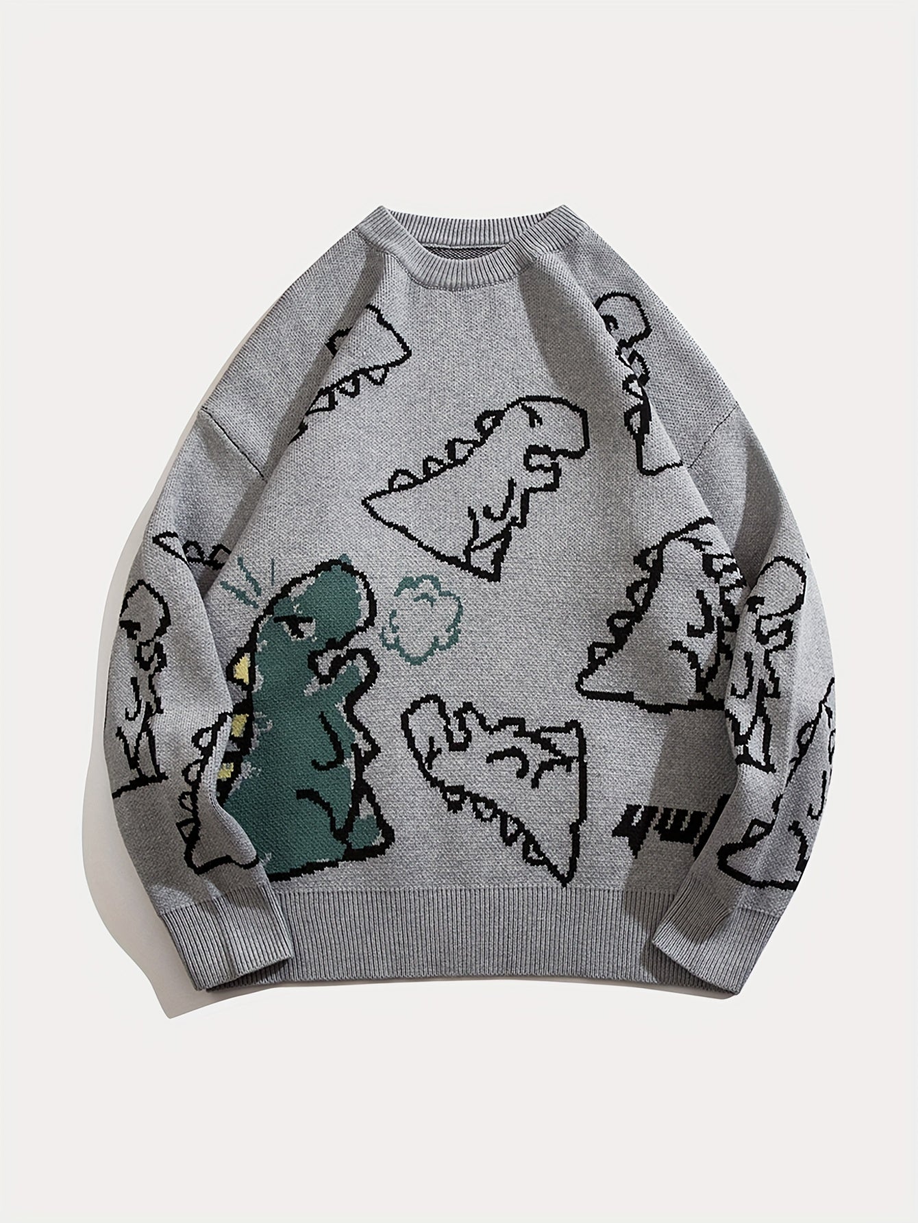 YWFG Unisex Casual Loose Fit Sweater - Black with Blue Dinosaur & Cloud Design, Long Sleeve Round Neck Pullover for Men & Women, Cozy Fall/Winter Knitwear, Dinosaur Clothes, Fall Winter Apparel, Playful Graphic Design, Comfor -