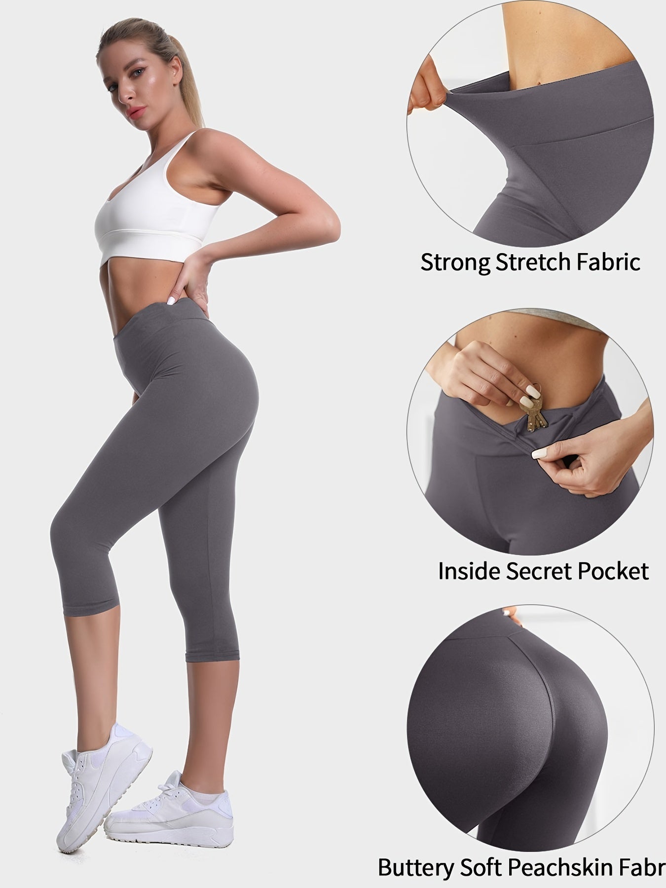 Women'S Plus Size Capri Leggings, High Waist Tummy Control, 4X Stretch, Pocket Detail, Solid Black, Knit Fabric, Polyester 92%, Spandex 8%, 210g/m², All Season Skinny Yoga Pants -