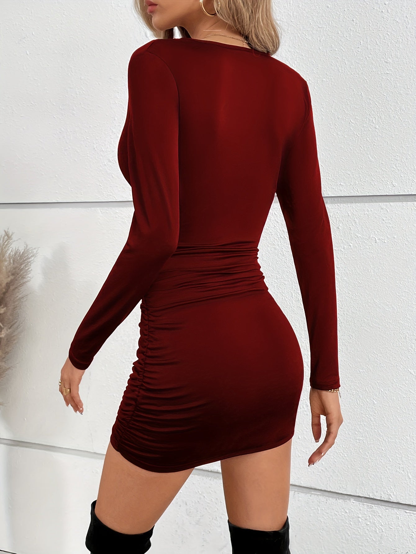 Ladies Sexy Ruched Ruffle Skinny Dresses, Sexy Solid Stretchy Long Sleeve V Neck Dresses, Women's Clothing -