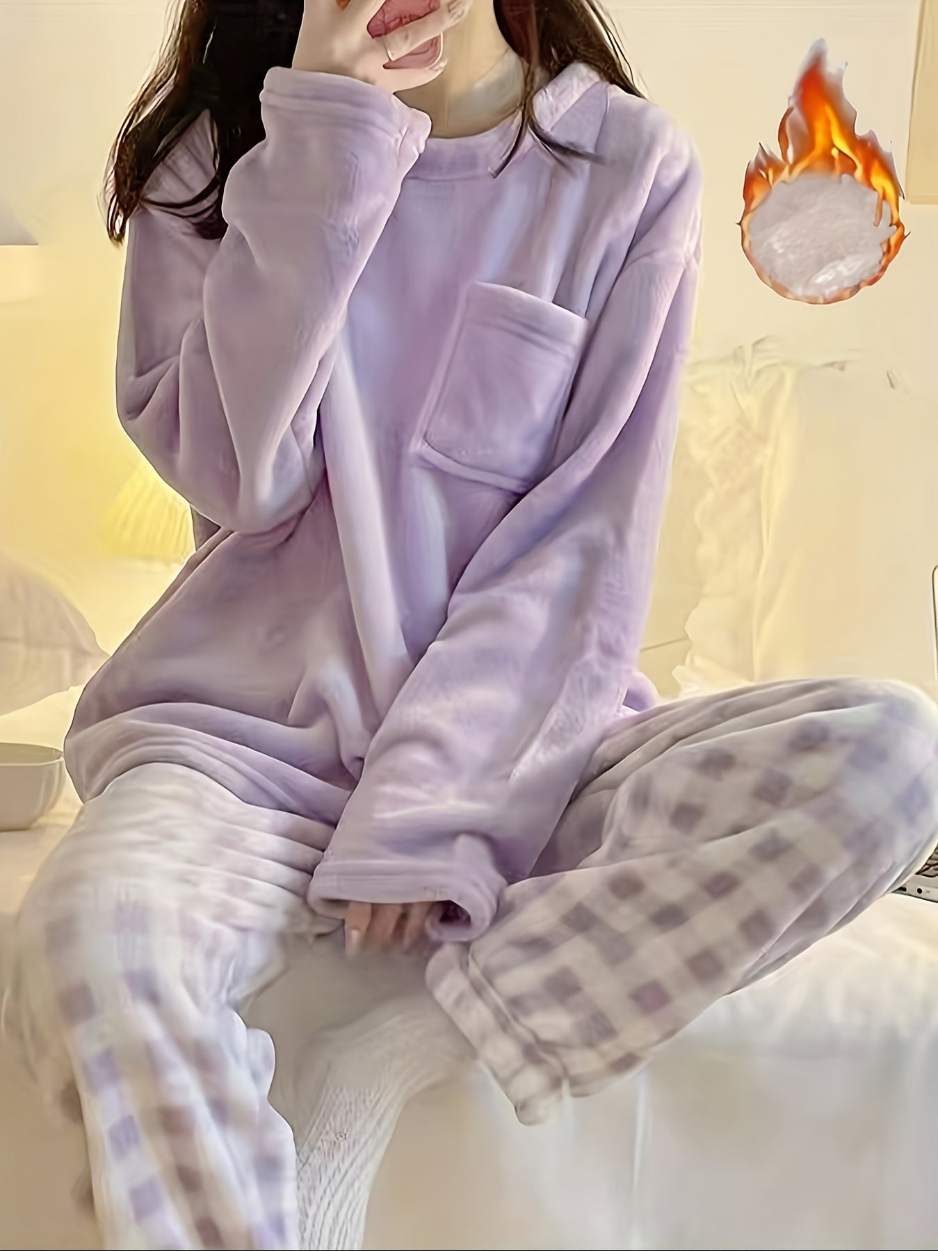 Winter Warm Velvet Pajama Set, Plaid Pattern Pajama, Solid Color Casual Home Wear Set -