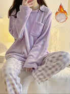 Winter Warm Velvet Pajama Set, Plaid Pattern Pajama, Solid Color Casual Home Wear Set -