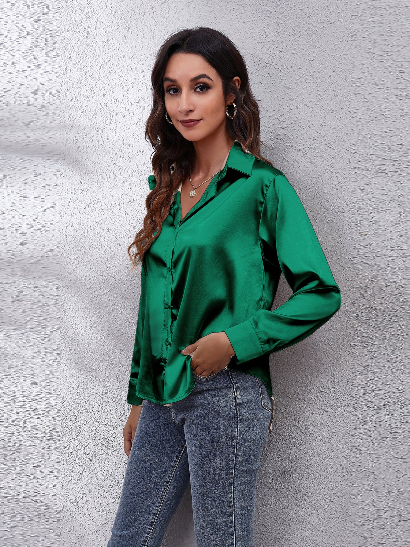 Elegant Satin-Finish Long Sleeve Blouse for Women - Chic Solid Color, Non-Stretch Fabric, Perfect for Spring/Fall, Ideal for Formal Occasions, Ladies Blouses -
