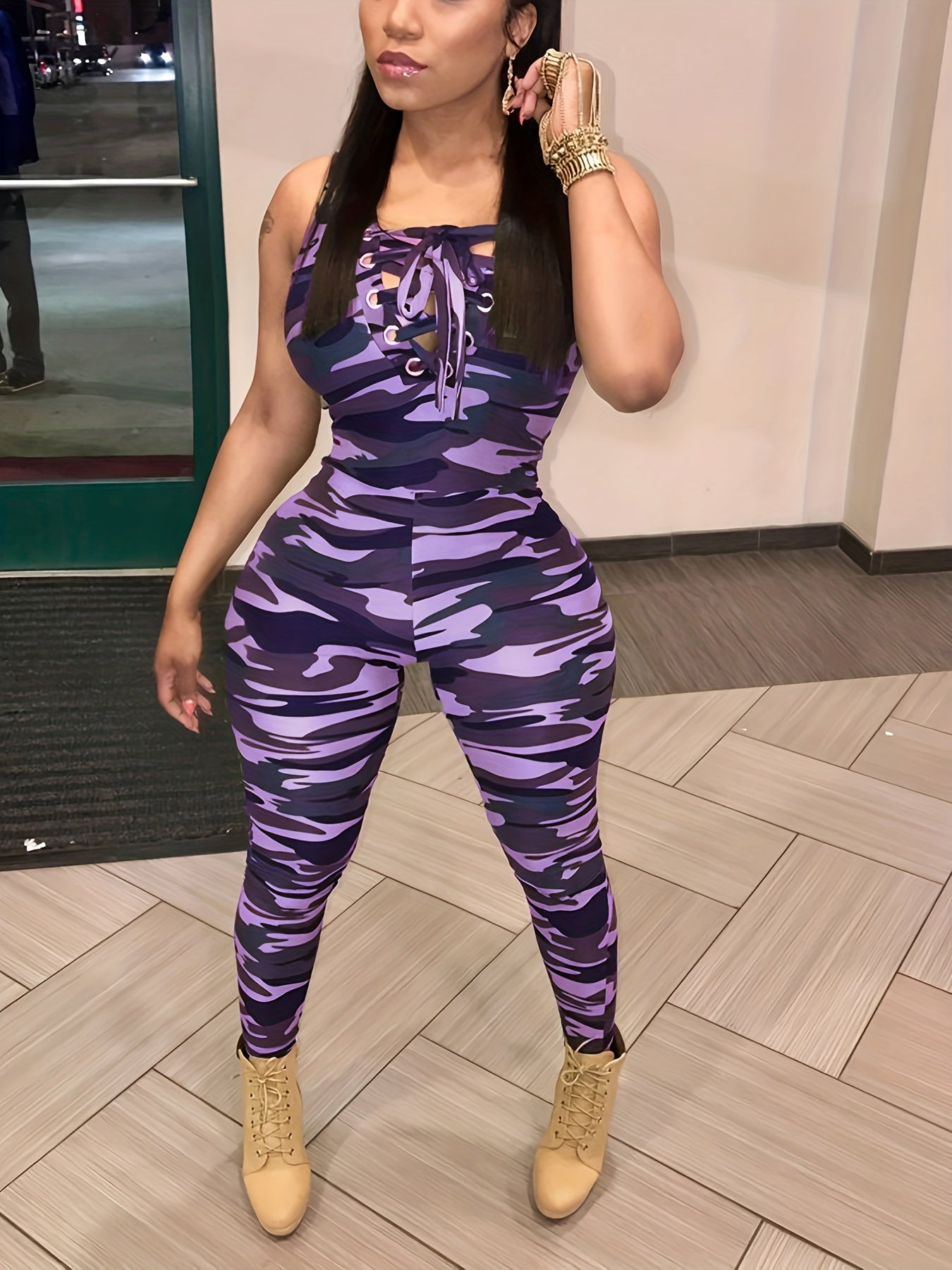 Sleeveless Leopard Print Sexy Jumpsuit, Skinny Camouflage Knitted Jumpsuit, Women's Clothing -