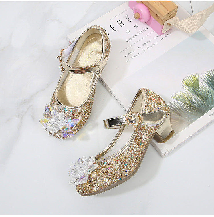 Girls' Elsa Princess High Heel Pumps - Sparkling Glitter Block Heel Shoes with Floral Embellishments, Lightweight Faux Cover for Spring & Fall, Weddings, Parties, Casual Wear, Shoes for Girls, Wedding Guest Shoes, Elegant Sho -