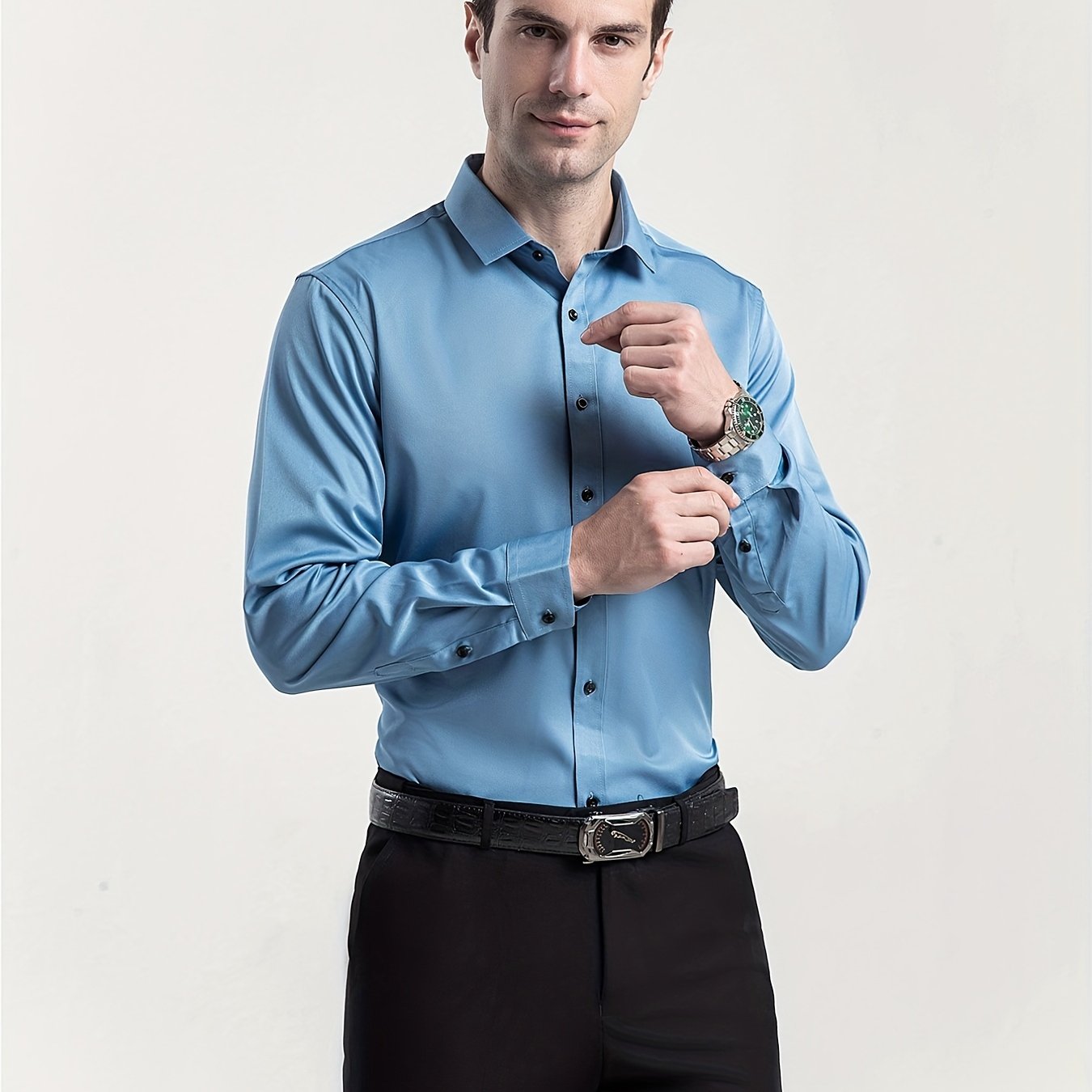 Men'S Slim-Fit Stretch Formal Shirt, Light Business Lapel Long Sleeve Shirt, Men'S Business Shirt Wrinkle-Resistant and Durable Solid Color Formal Long Sleeve Shirt with Buttons and Pockets Suitable for Work, Commuting, Datin -