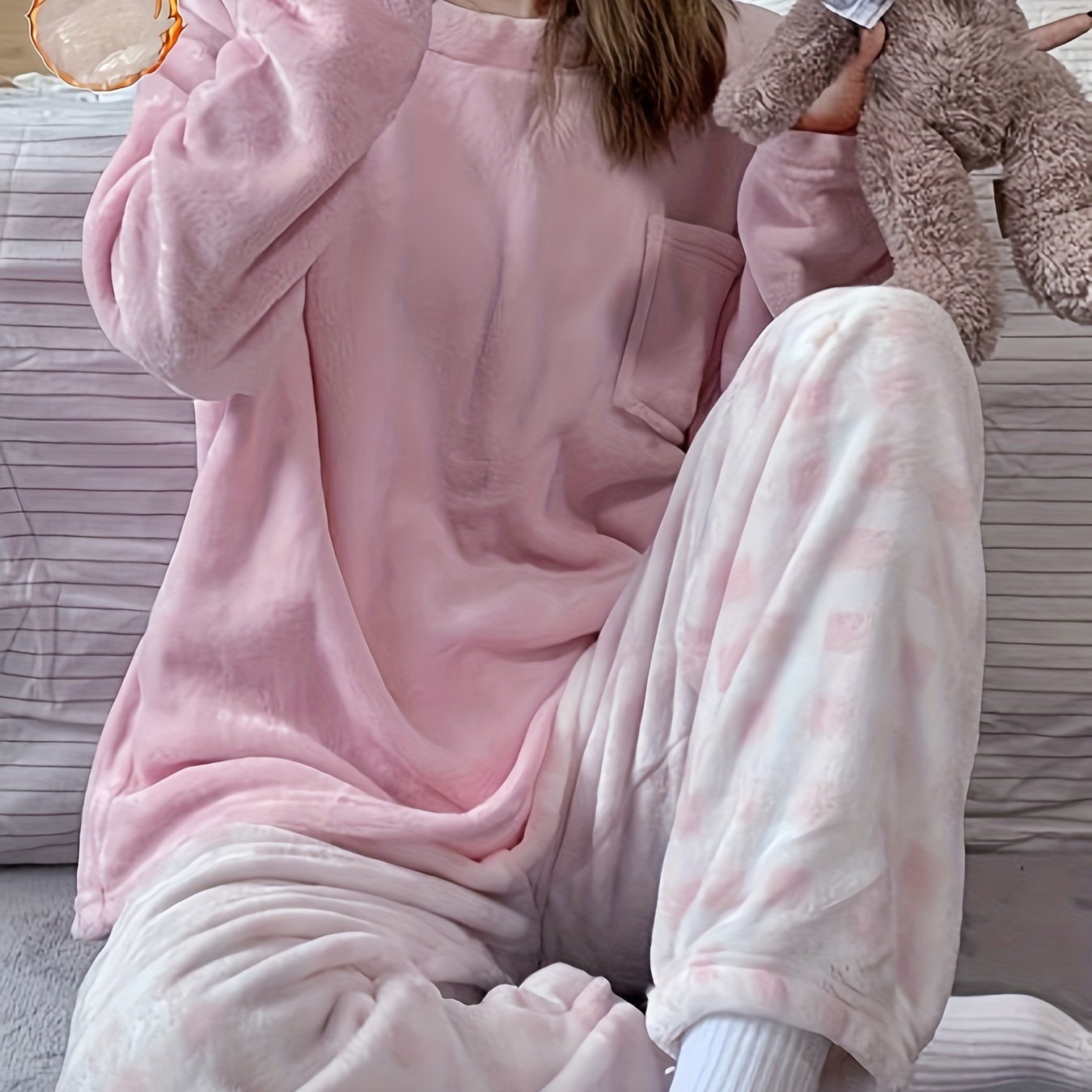Winter Warm Velvet Pajama Set, Plaid Pattern Pajama, Solid Color Casual Home Wear Set -