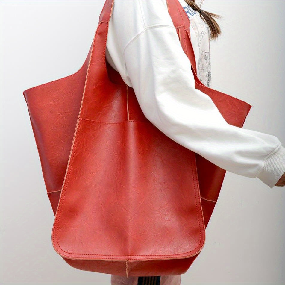 Large Capacity Retro PU Tote Bag For Women - Spacious & Stylish Handbag With Handy Front Pocket For Work, Travel & Everyday Chic -