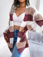 Striped Colorblock V-neck Cardigans, Casual Loose Drop Shoulder Long Sleeve Fall Winter Knit Cardigan, Women's Clothing -