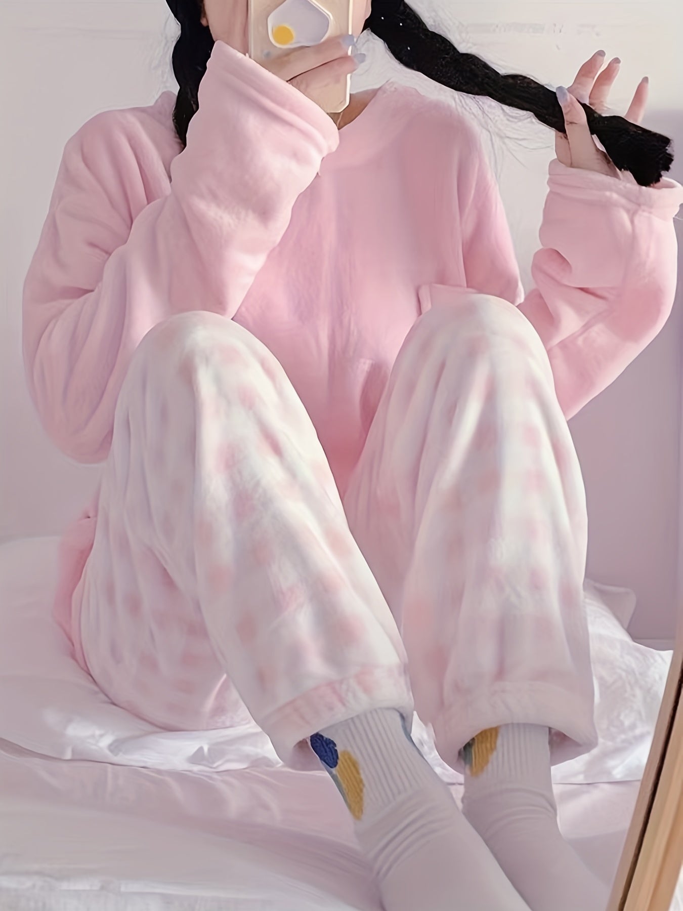 Winter Warm Velvet Pajama Set, Plaid Pattern Pajama, Solid Color Casual Home Wear Set -