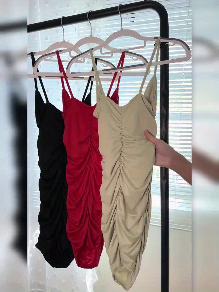 Women's Sexy V-Neck Spaghetti Strap Bodycon Mini Dress - Stretchy Semi-Sheer Cross Front Summer Dress, Machine Washable Red Party & Night Out Dress for Spring/Summer, Evening Wear, Ruched Bodice, Highelasticity Fabric -